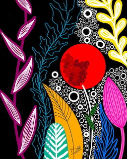 Colorful botanical illustration with bright leaves, flowers, and a red circle on a black background
