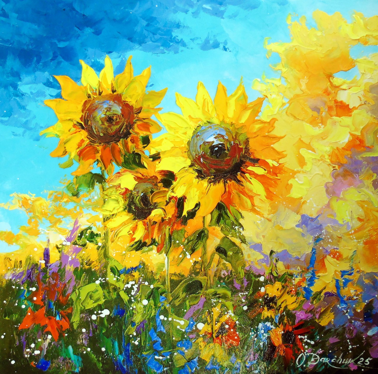 Impasto painting of bright yellow sunflowers in a field with colorful wildflowers and blue sky