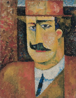 Modernist portrait painting of a mustachioed man in geometric style with warm earth tones and angular features
