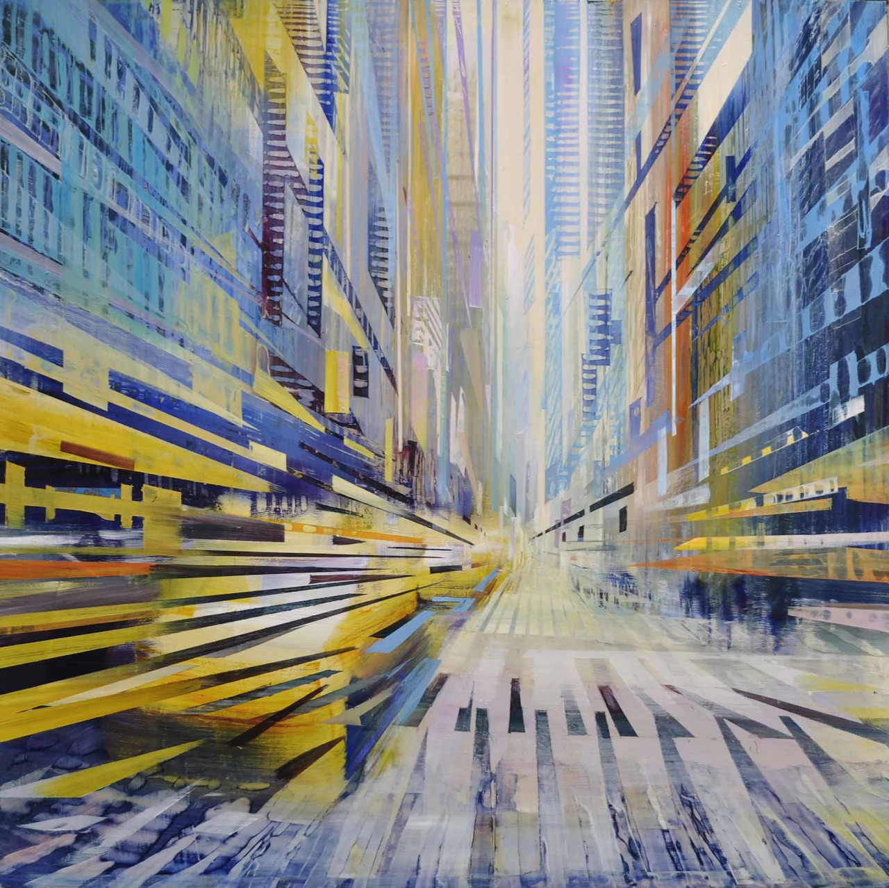 Abstract oil painting of city street with motion blur in yellow and blue