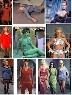 Nine-panel collage of women from Star Trek in various costumes and scenes