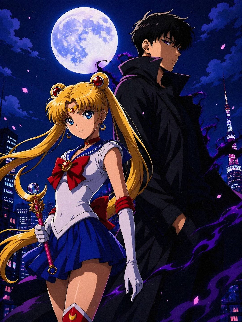 Anime characters Sailor Moon and a dark-haired young man standing under a full moon at night