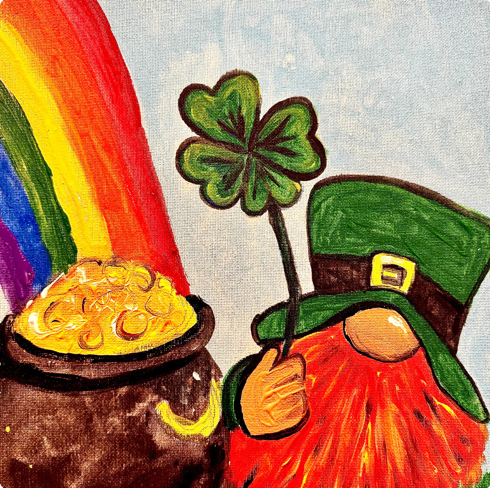 Leprechaun in green hat holding shamrock beside pot of gold with rainbow