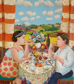Painting of a couple eating breakfast at a table by a window with a colorful countryside view