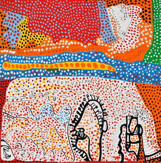 Colorful abstract painting with dotted patterns and stylized faces