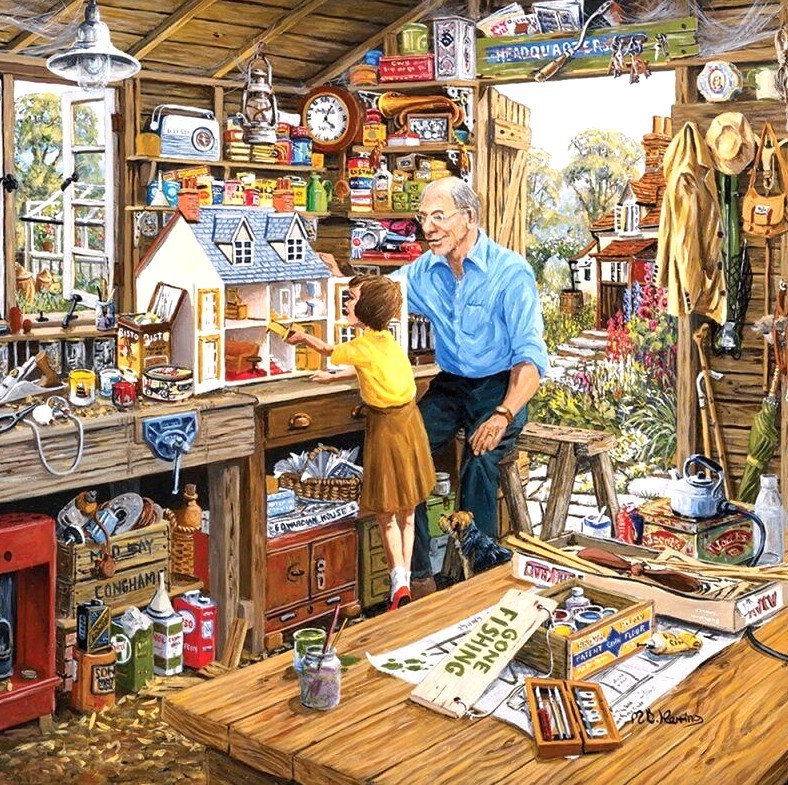 Painting of an elderly man and child working on a dollhouse in a busy wooden workshop