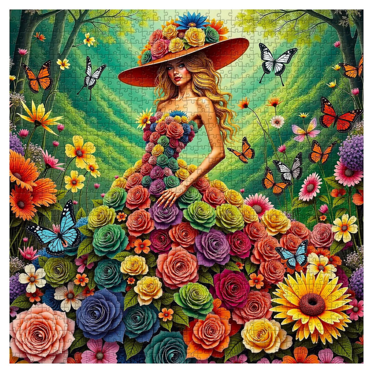 Fantasy woman in a dress made of colorful flowers, with butterflies and a wide-brim hat