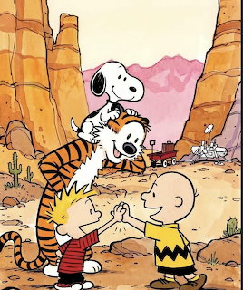 Snoopy embracing Calvin and Hobbes with Charlie Brown in desert setting with mesas and cacti