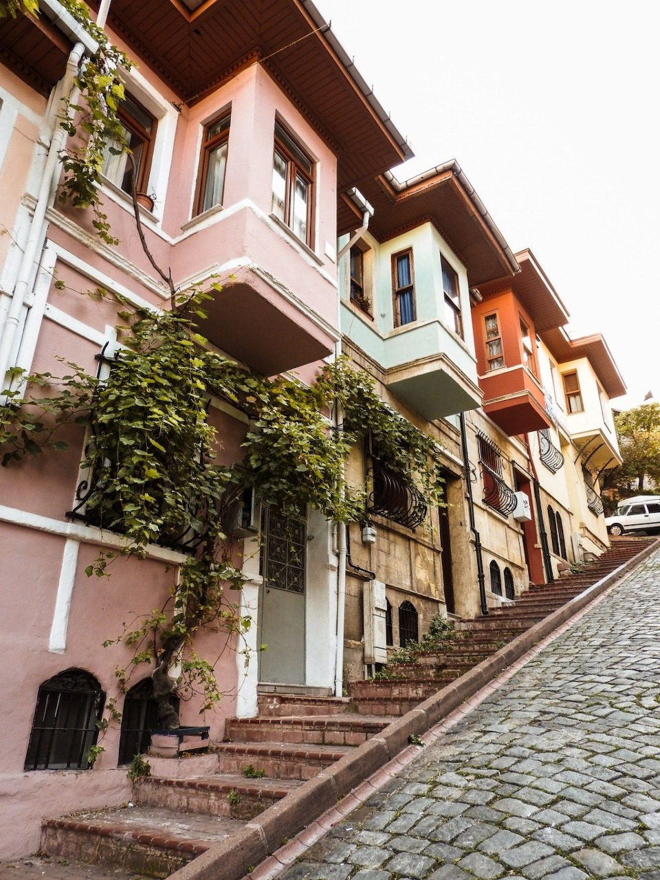 Row of colorful traditional Istanbul houses with balconies along a steep cobblestone street with climbing ivy