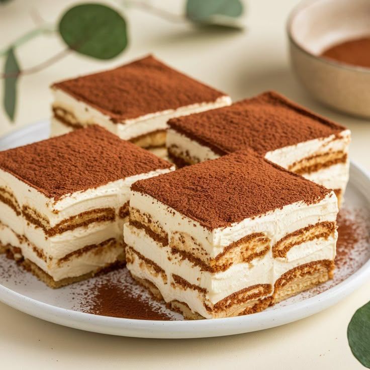 Four square slices of tiramisu with cocoa powder topping and layered cream filling on a white plate