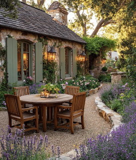 Cottage patio with wooden furniture, lavender borders, and warm lantern lighting at dusk