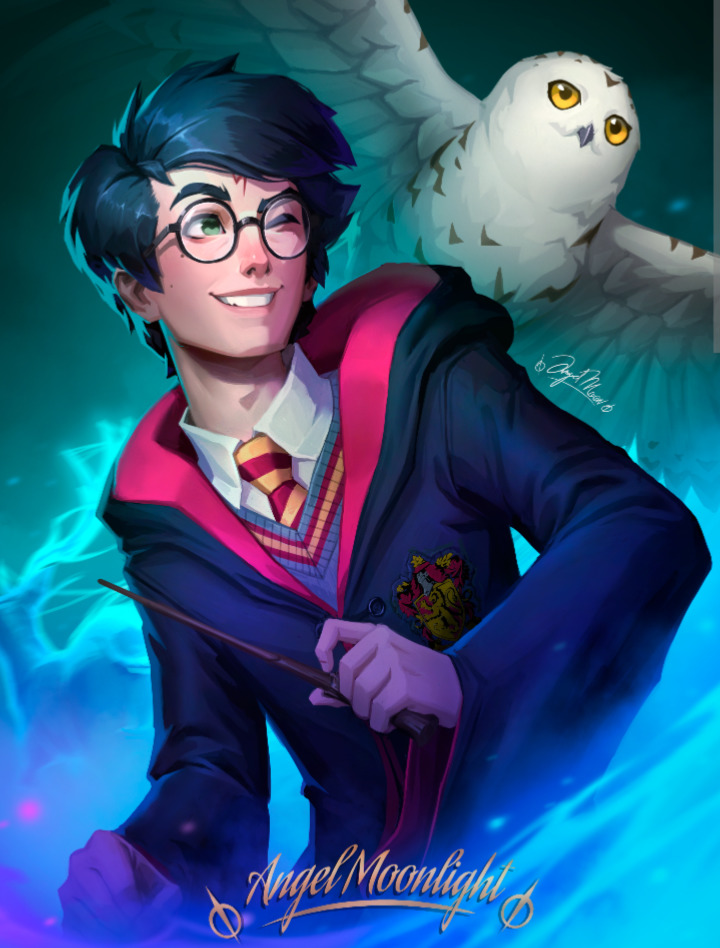 Anime-style Harry Potter with wand and Hedwig owl, blue magical flames in background