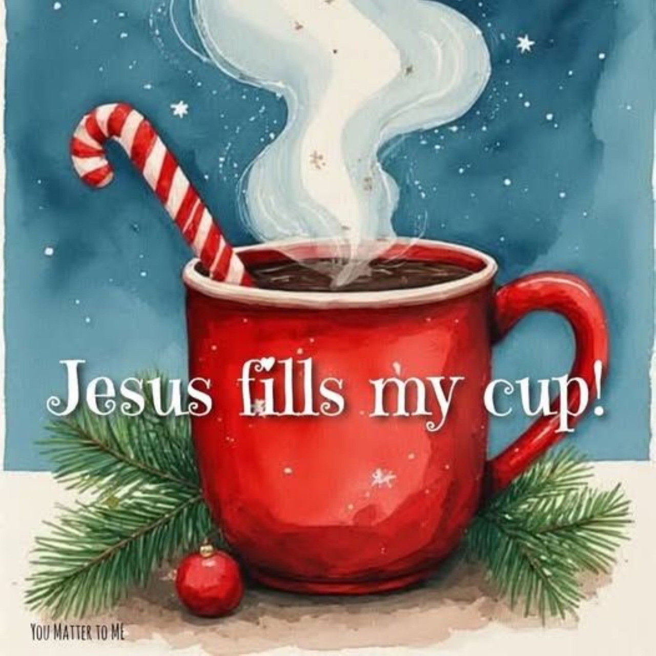 Illustration of a red mug with steaming cocoa, a candy cane, pine branches, and the text Jesus fills my cup