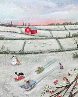 Children sledding on snowy hills with red barn and winter landscape illustration