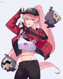 Anime girl with long pink hair wearing a red jacket and cap posing with ghost Pokémon Duskull
