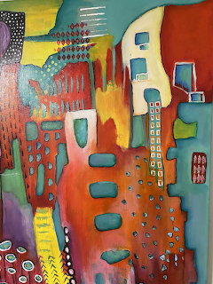 Colorful abstract painting with geometric building-like shapes in orange, yellow, turquoise and purple with various patterns