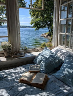 Bed with blue pillows and open book next to open windows with a lake view on a sunny day