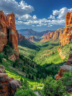 Red sandstone cliffs framing a green valley in Zion National Park Utah with blue sky and clouds