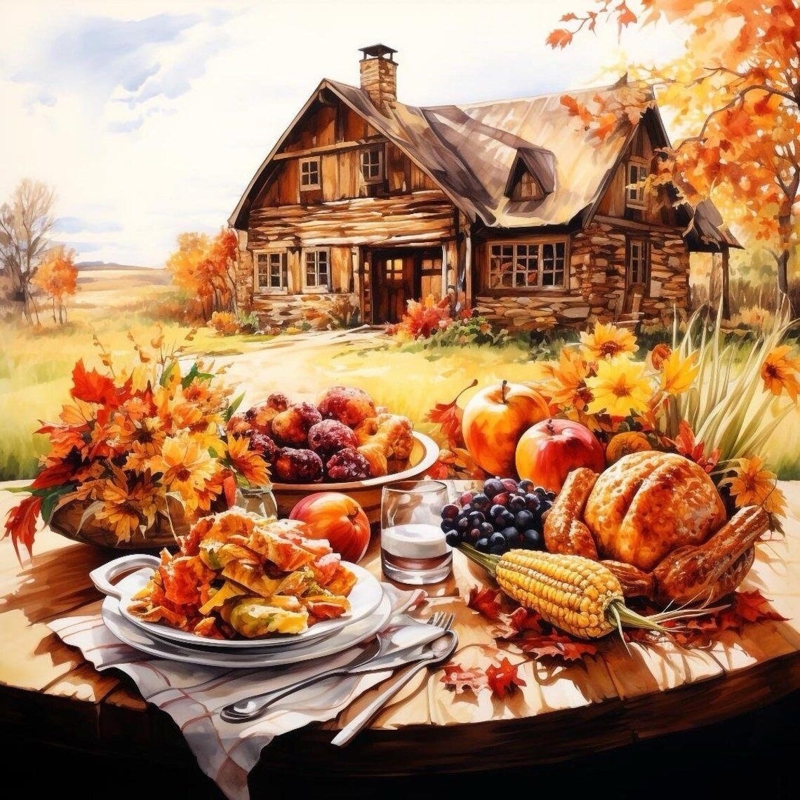 Watercolor painting of Thanksgiving dinner with turkey, pumpkins, and fall leaves before a cottage