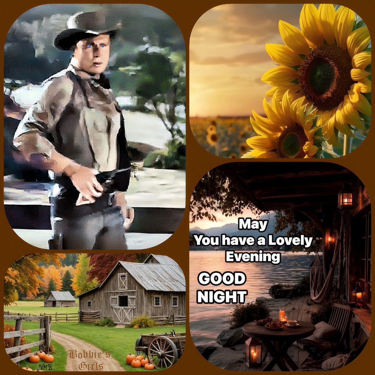 Four-panel collage with a cowboy, sunflowers, farmhouse, and cozy campfire scene with good night text