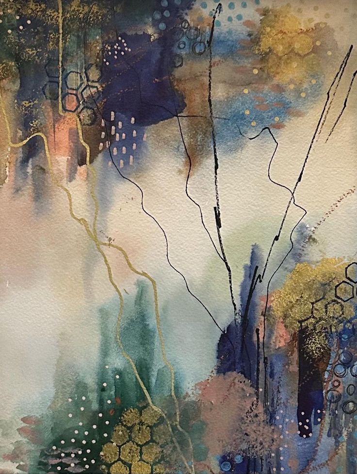 Abstract watercolor mixed media painting with blue, gold, and earth tones featuring honeycomb patterns and ink lines