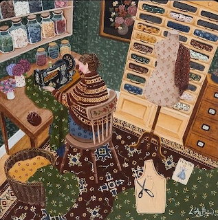 Illustration of a cozy sewing room with sewing machine, fabrics and thread spools