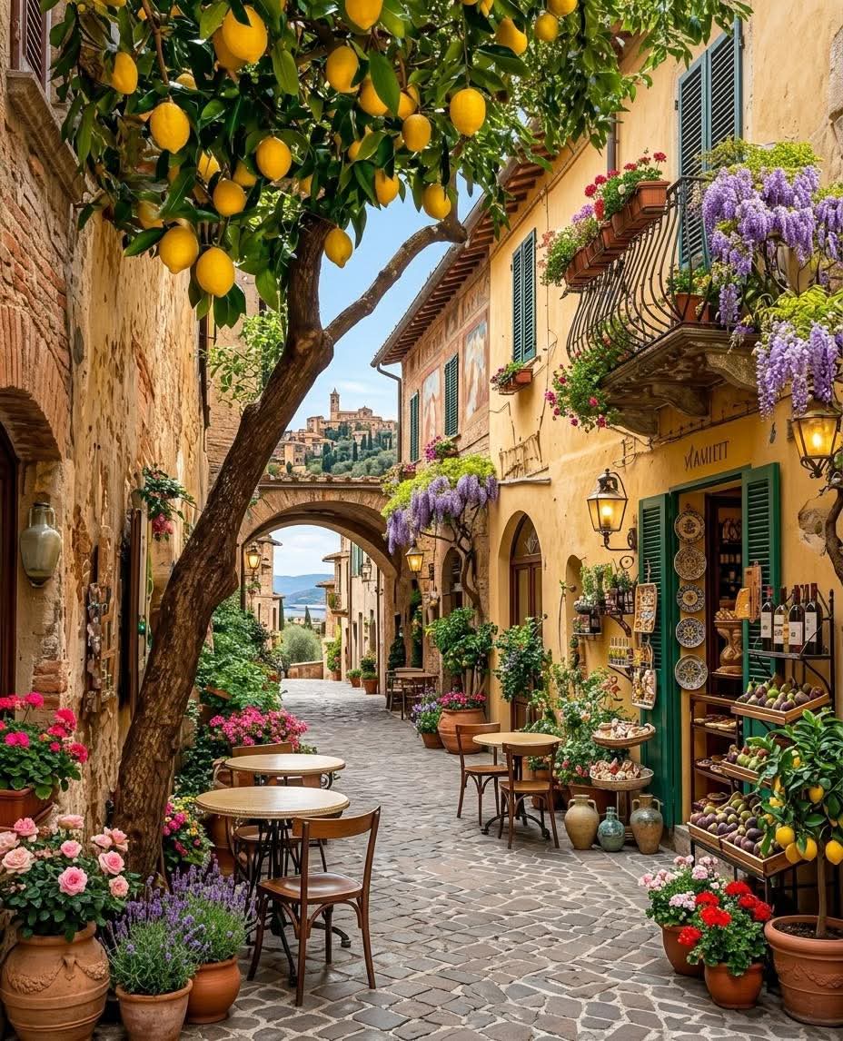 Sunny Italian village street with lemon tree, colorful flowers, cafe tables, and arched passageway