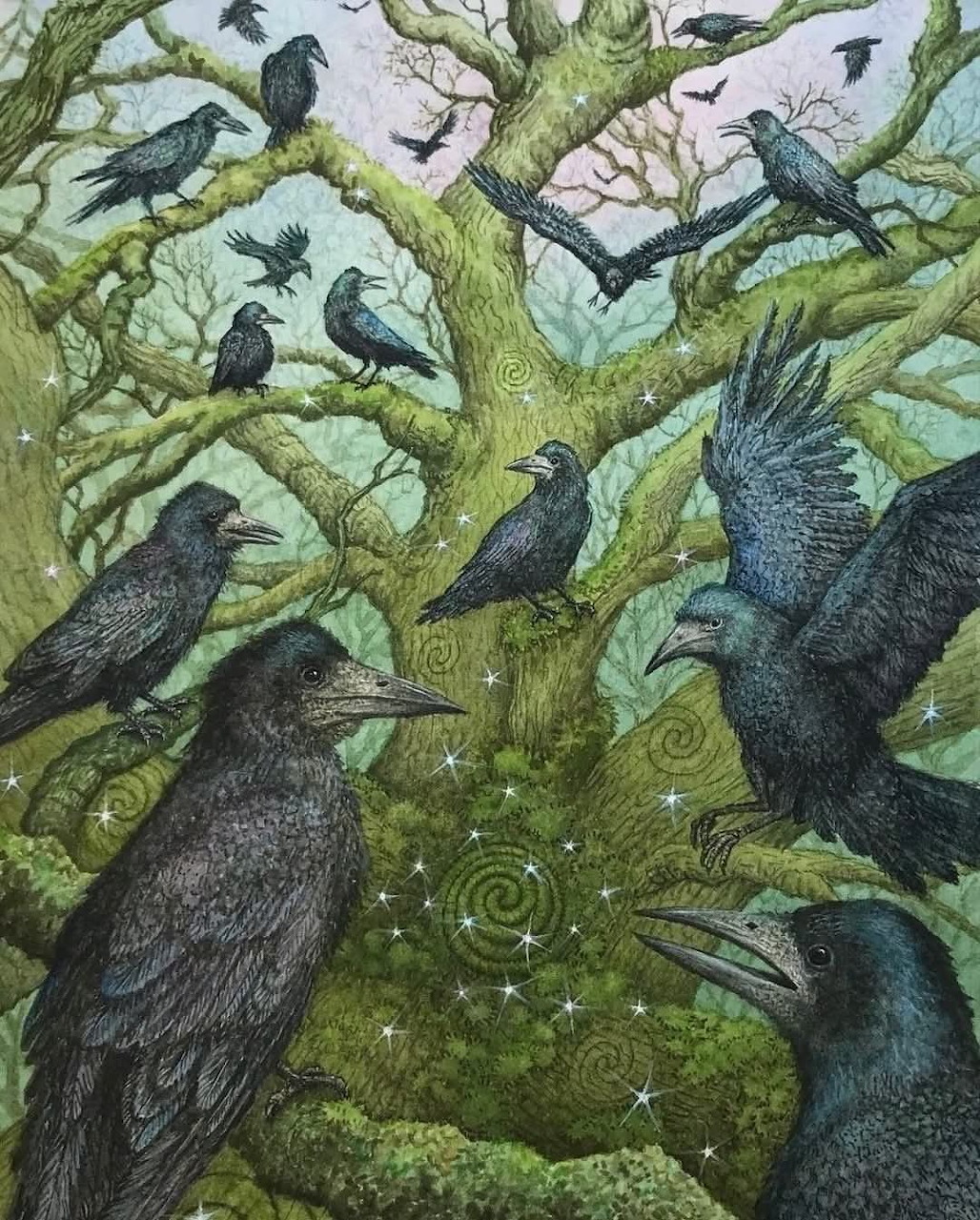Illustrated rooks perched and flying in a gnarled green forest tree with glowing spirals and stars