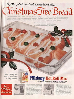 Vintage ad showing Christmas tree shaped bread with white icing and red and green candied cherries on a silver serving tray