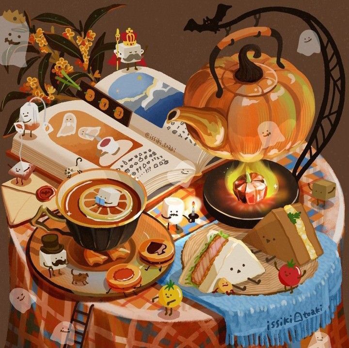 Halloween illustration of a tea table with a pumpkin teapot, sweets, candles, and little ghosts