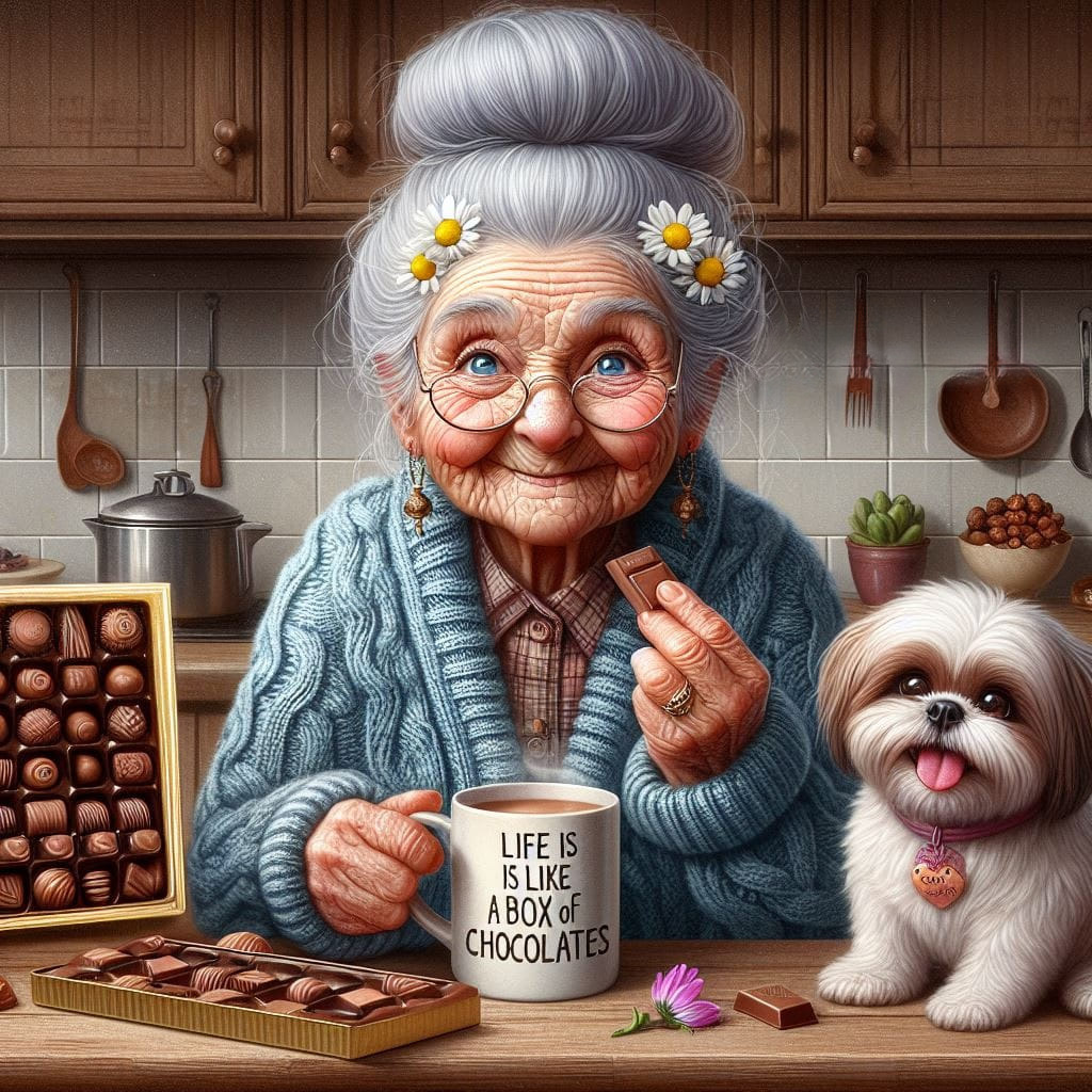 Grandmother with Dog in Kitchen