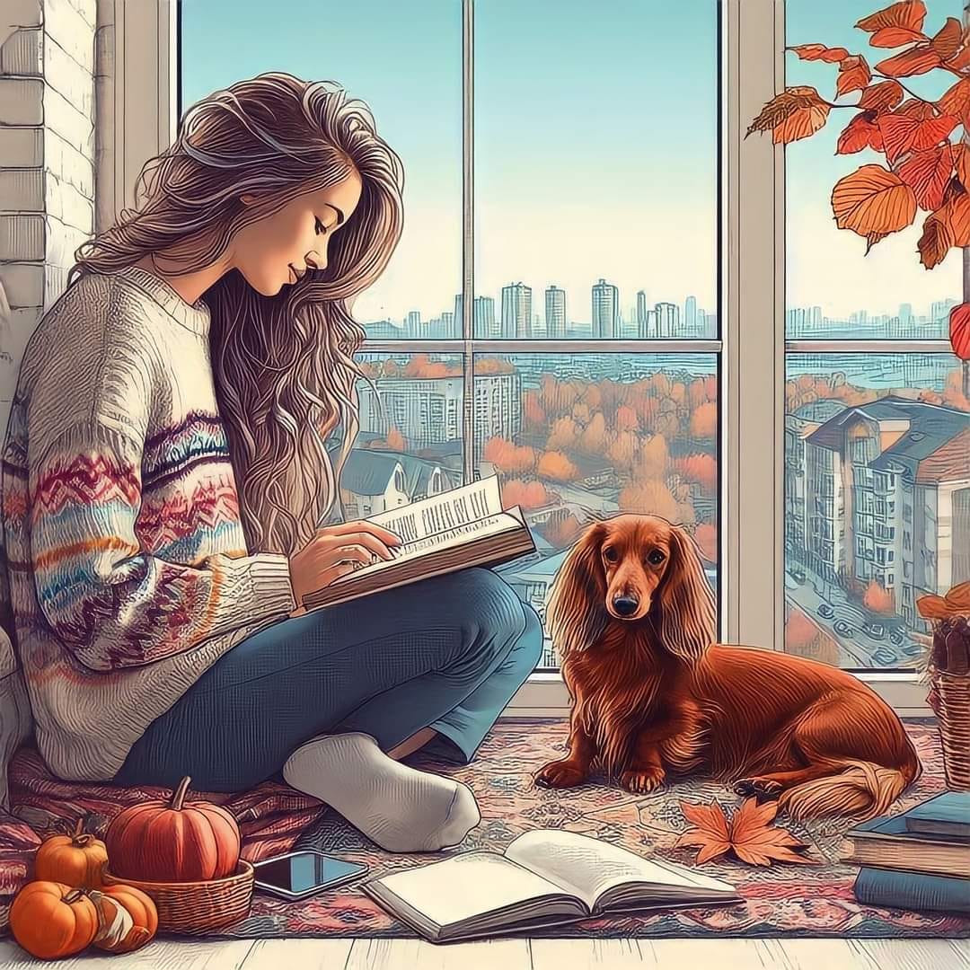 Woman Reading with Dog by Window