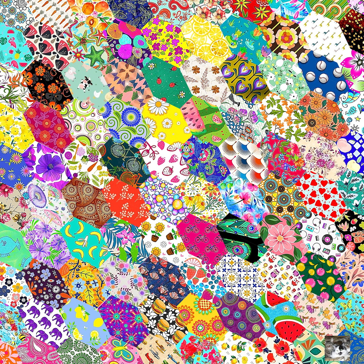 Colorful hexagonal patchwork quilt with diverse patterns including flowers, dots, and geometric designs