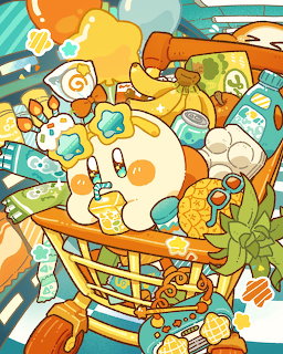 Cute white cartoon character in a grocery shopping cart filled with food items in colorful illustration style