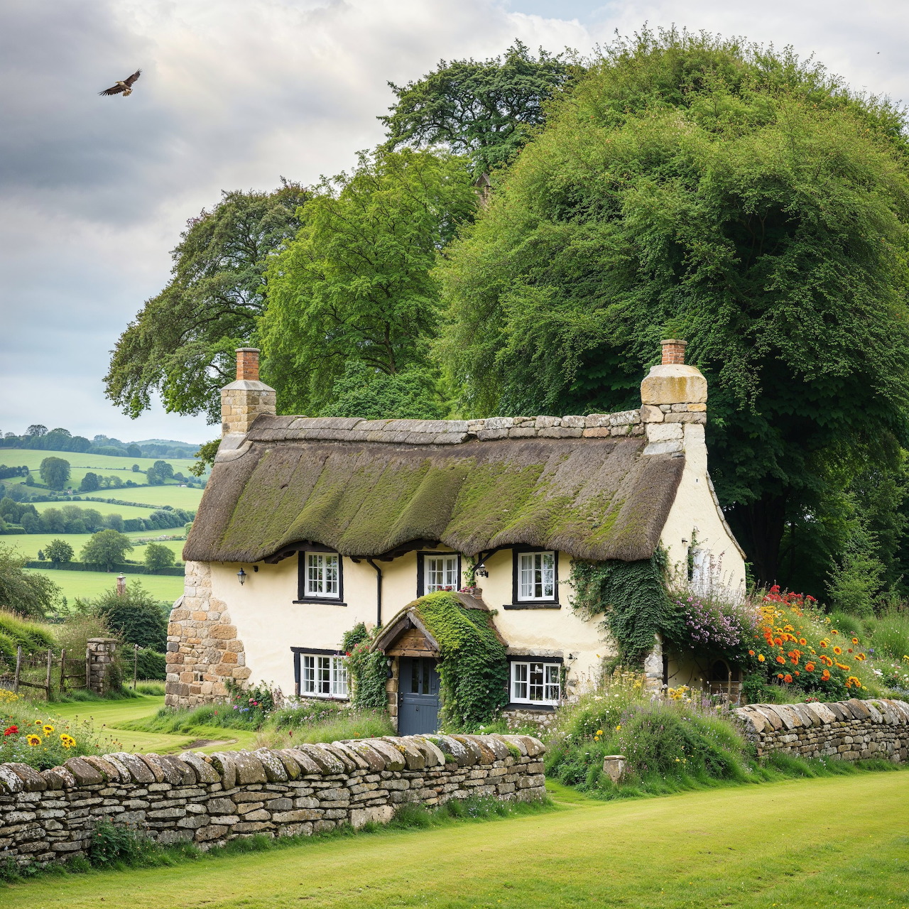 Traditional white thatched roof cottage surrounded by greenery with bird flying in cloudy sky