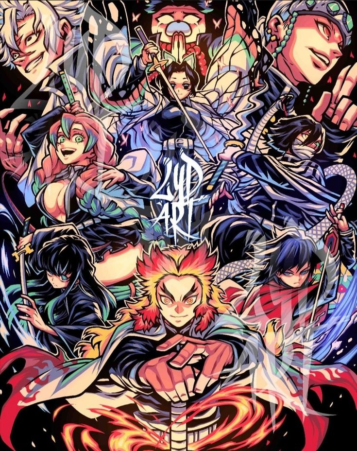 Nine anime warriors in dynamic poses with colorful effects and flames surrounding central character in blue