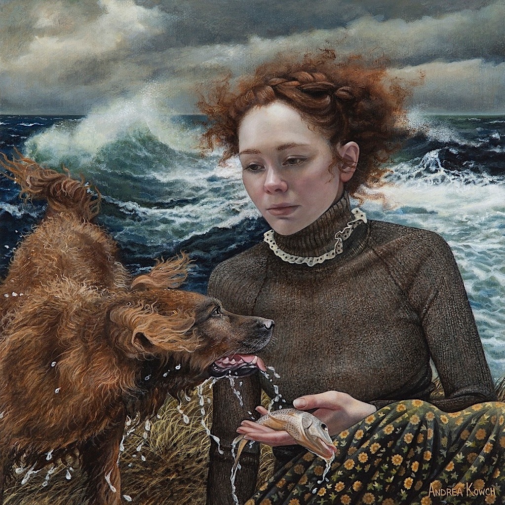 Painting of a young woman and shaggy dog beside rough ocean waves under dark clouds