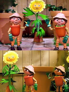 Bill and Ben the Flowerpot Men stop-motion characters with a plant between them in a garden scene