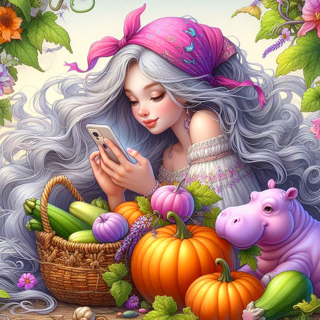 Anime-style girl with long silver hair looking at phone, surrounded by pumpkins, vegetables, toy hippo, and flowers