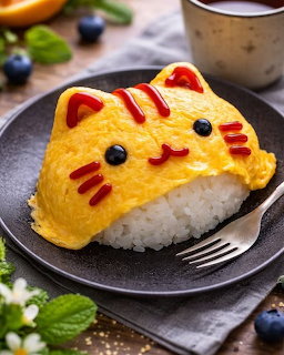 Cute cat-shaped omurice with egg omelette, ketchup face details, and rice on a dark plate