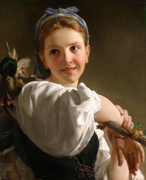 Portrait of young woman in white blouse with blue headscarf holding flowers against dark background