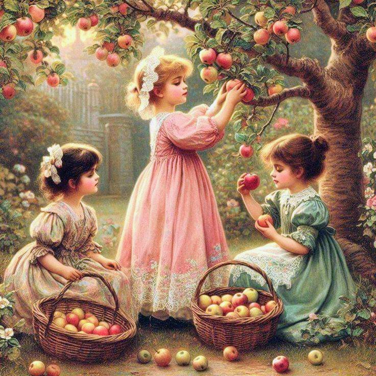Vintage painting of three little girls picking apples under a tree with baskets of fruit