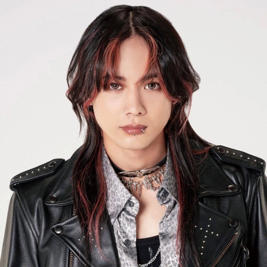 Portrait of person with dark hair in black leather jacket with studded shoulders and snake-print scarf