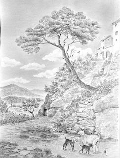 Pencil drawing of a rural landscape with a large tree, stone buildings on a hill, and goats on a path
