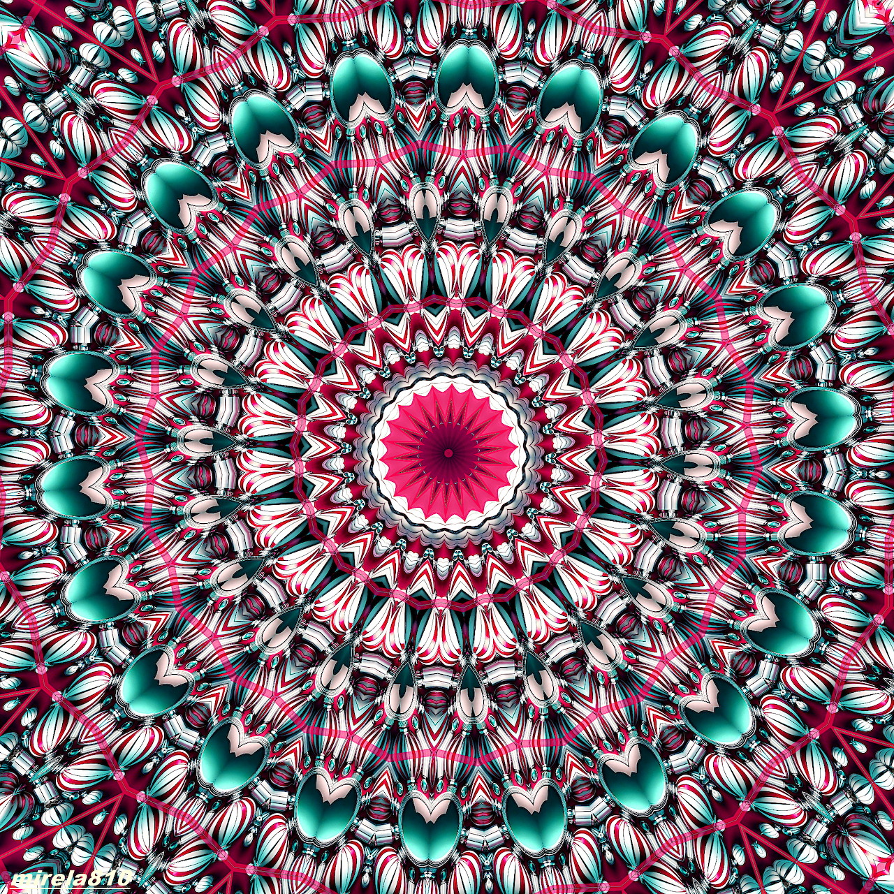 Symmetrical mandala with pink, teal, and red geometric patterns radiating from center
