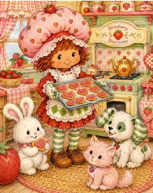 Strawberry Shortcake in a kitchen holding heart-shaped cookies beside a bunny, puppy, and pink kitten