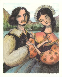 Illustration of a man offering a ring to a woman in historical dress with mountains in background