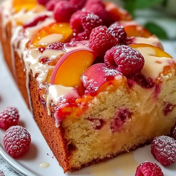 Close-up of a glazed loaf cake topped with raspberries and sliced plums