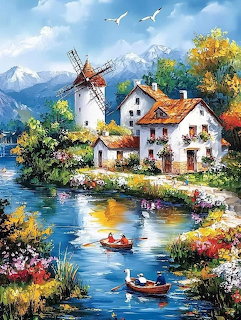 Watercolor Windmill Cottage
