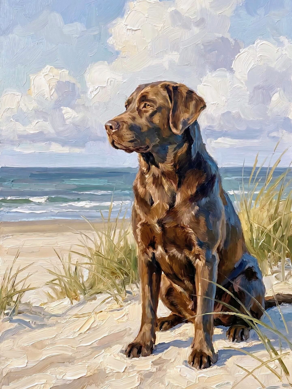 Painting of a chocolate Labrador sitting on beach grass by the ocean